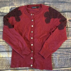 Karen Millen Sweater Red  Knit Button-Up Cardigan Lace Appliqué Size 1 US XS